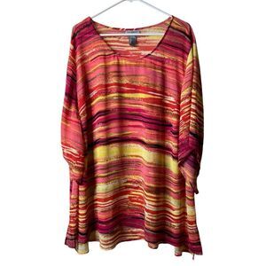 Catherines Red Watercolor Sunset Semisheer 3/4 Sleeve Tunic Blouse